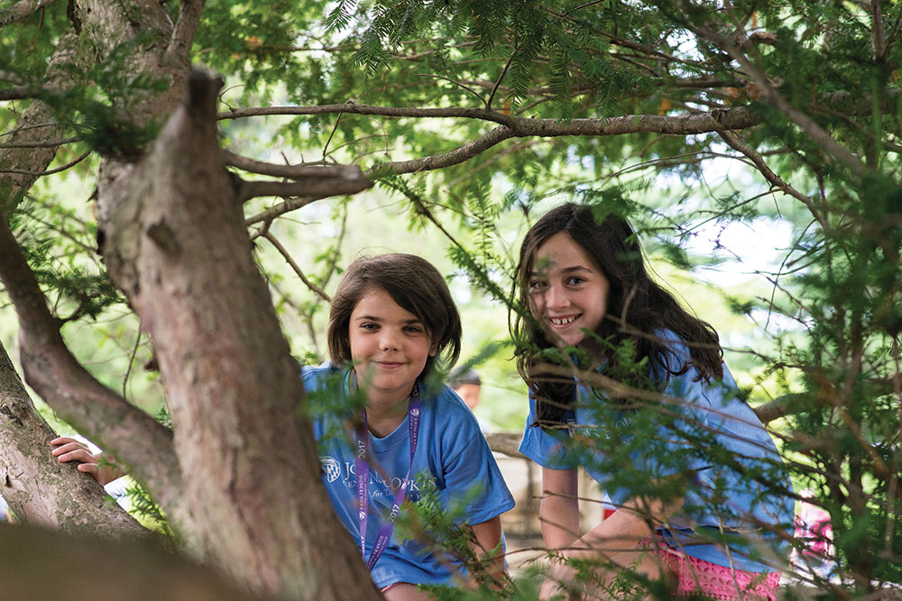 Two CTY students climbing a tree