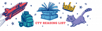 CTY reading list - rocket ship, back pack, books, crown, cat
